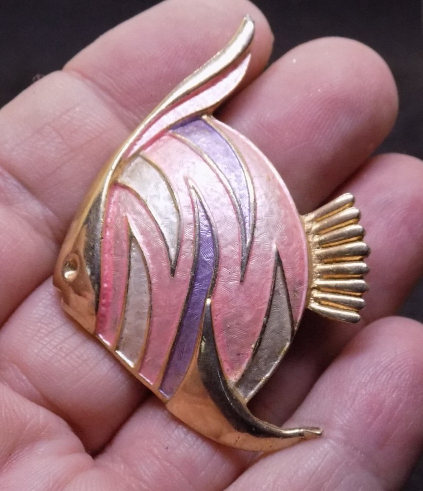 Elegant Vintage Angel Fish Brooch with Enamel Finish and Gold Accents (535)