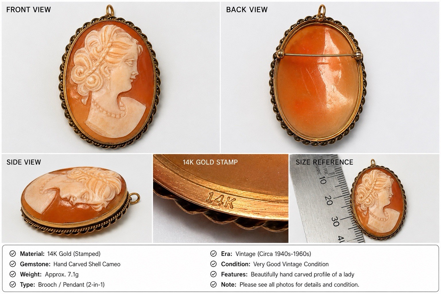Vintage 14K Gold Hand Carved Shell Cameo Brooch Pendant Large Estate Piece 7.1g