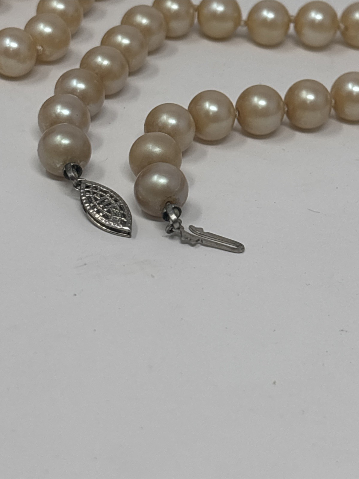 Vintage Art Deco Faux Pearl Necklace Sterling Filigree Fish Hook Clasp