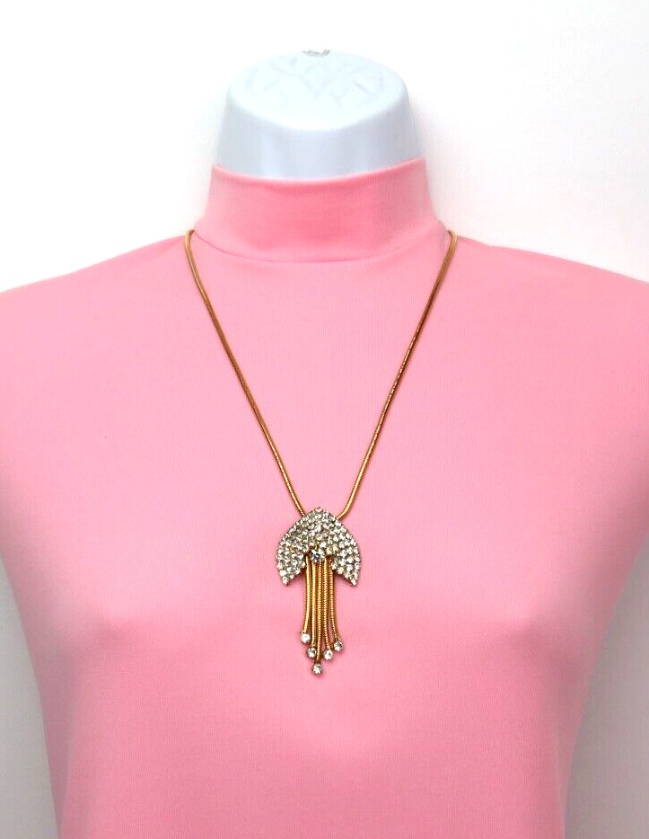 VTG 1930s – 1950s ART DECO GOLDEN CRYSTAL 5 DANGLER PENDANT NECKLACE 22 3/8″