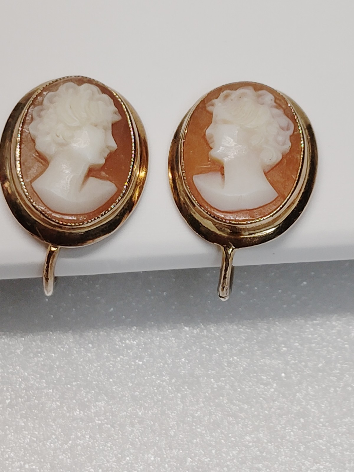 Vintage Cameo Screw Back Earrings, Womans Profile, BDA 10K Yellow Gold