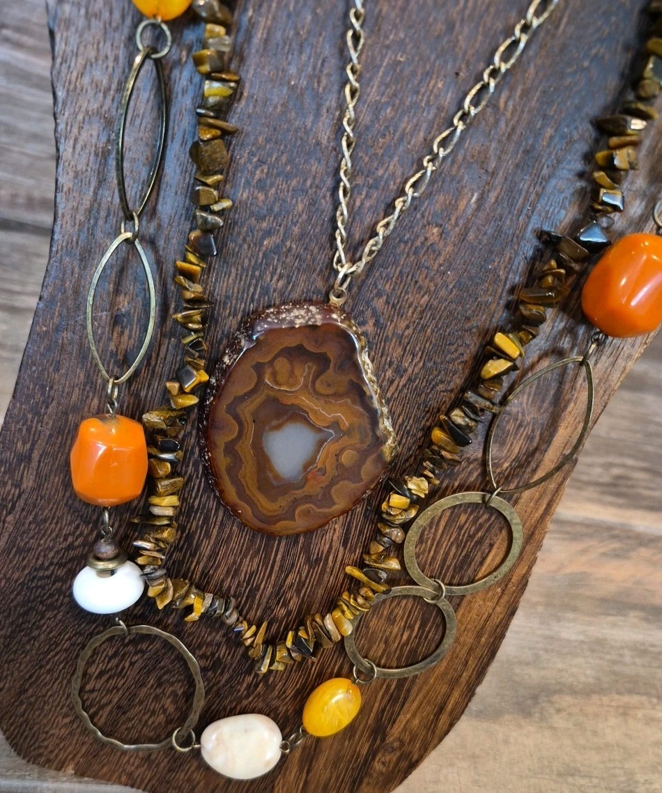 Vintage Stone & Mixed Metal Necklaces, Chipped Tiger’s Eye & Agate Slice Pendant