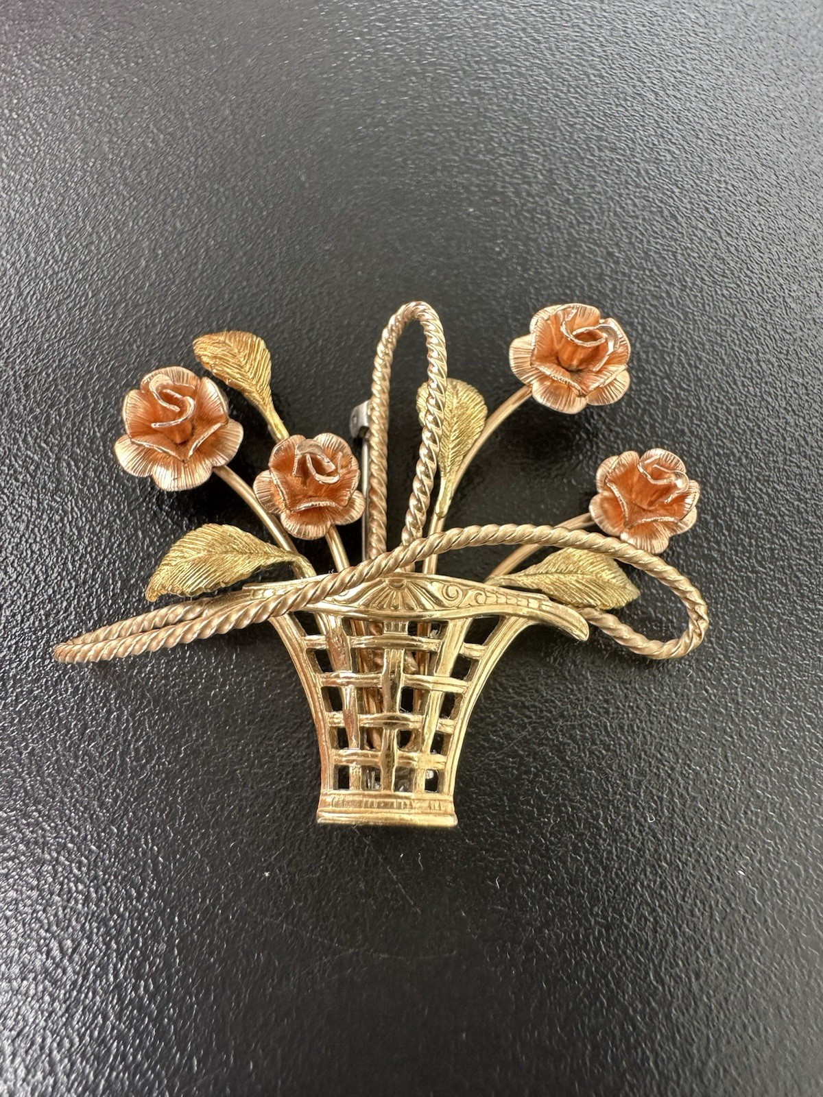 Vintage Signed Krementz Flower Basket Brooch Goldtone & Rose Goldtone