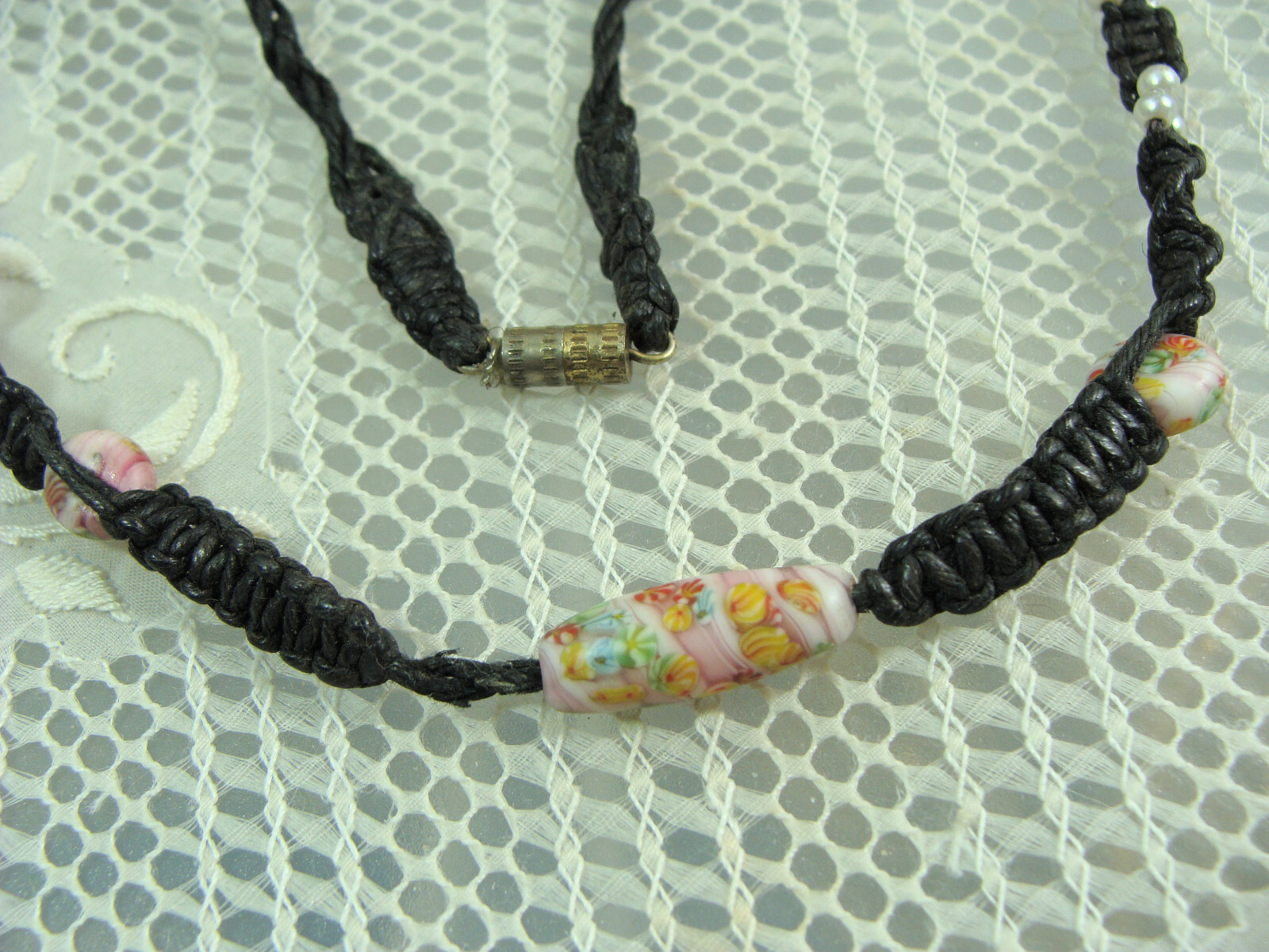Vtg Millefiori Glass Bead Faux Pearl Hemp Macrame Bohemian Hippy Choker Necklace