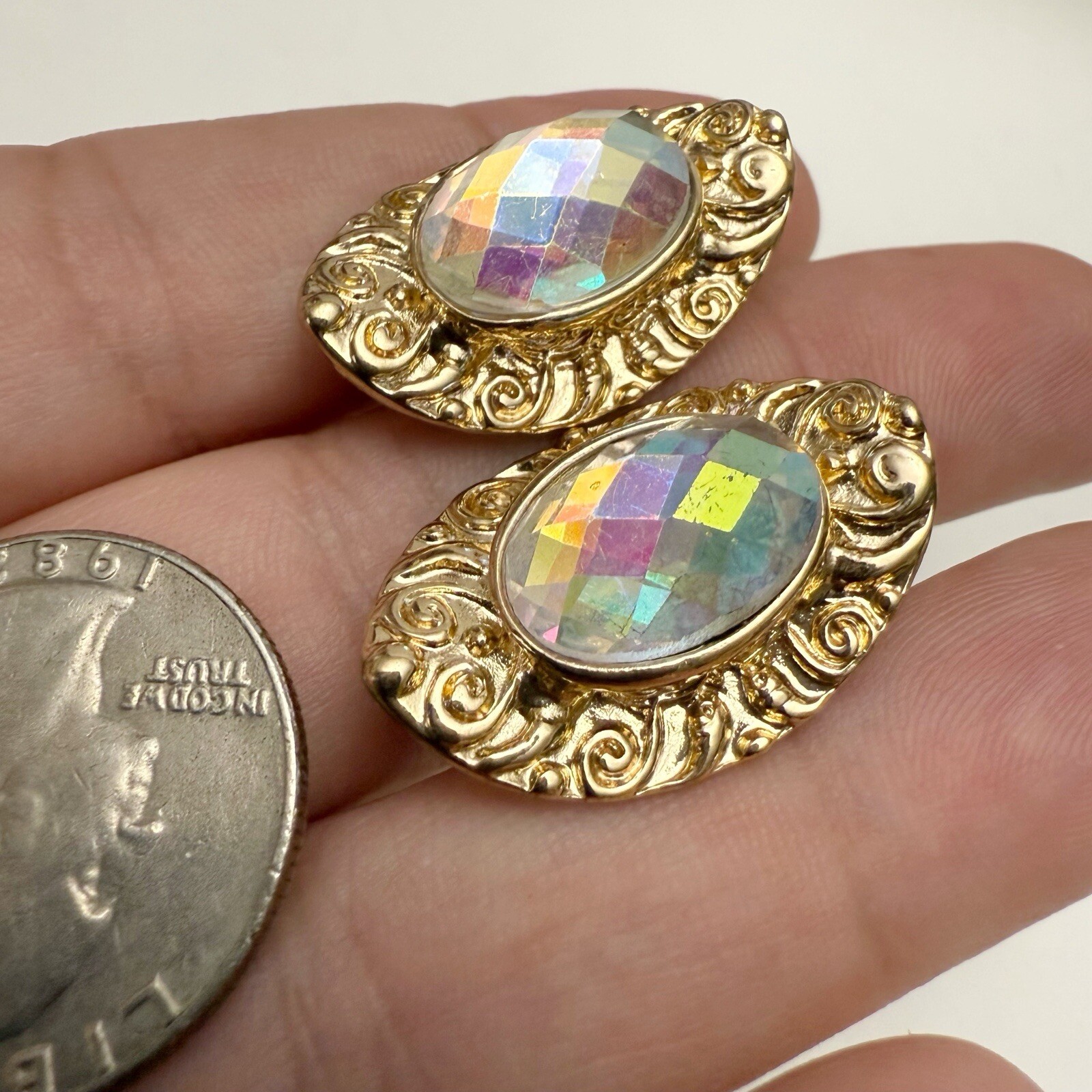 Vintage AB Glass Faceted Crystal Ornate Oval Curved Goldtone Clip On Earrings