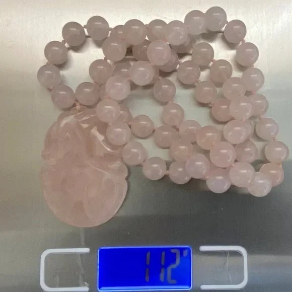 Vintage ASIAN Carved Rose Quartz 12mm Bead Long Beaded Necklace 112g-Stunning!