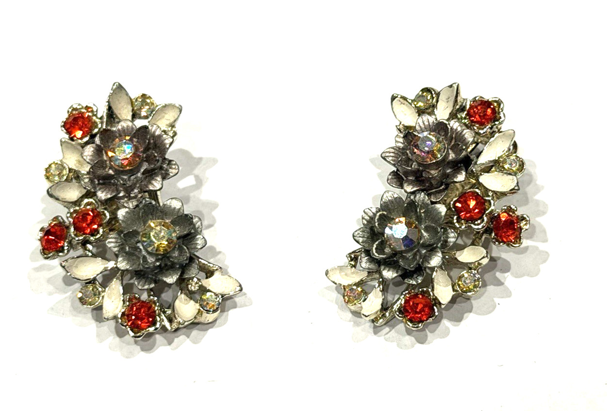 BSK MCM FLORAL ENAMEL RHINESTONE NECKLACE BRACELET CLIP EARRINGS PARURE SET LOT