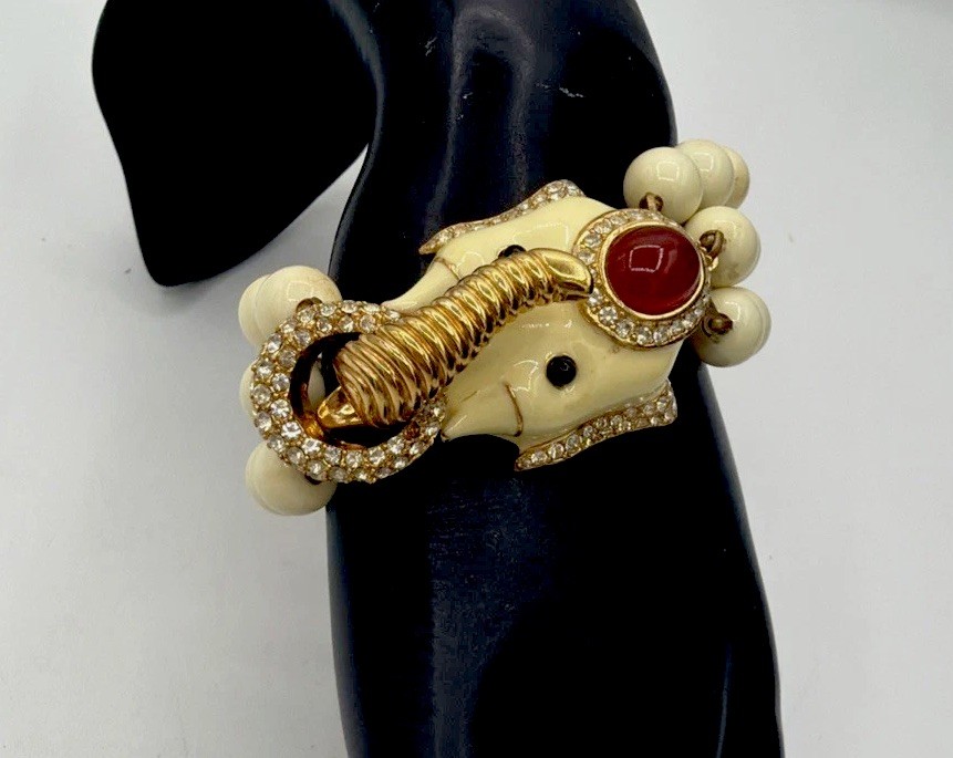 Vintage Ciner Elephant Bracelet Ivory Beads Red Cabochon Gold Tone Rhinestone