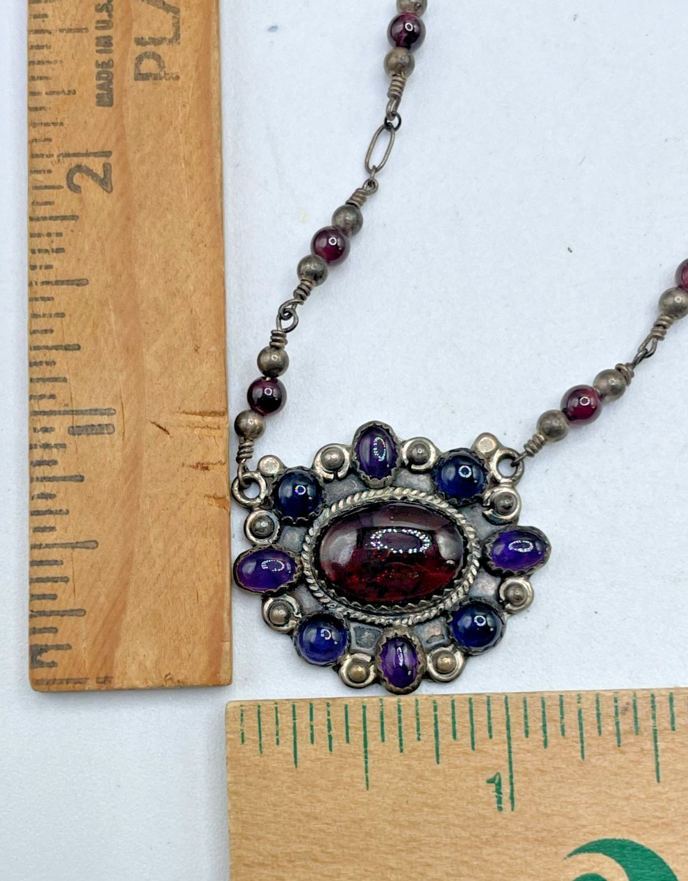 VTG Garnet & Amethyst cabochon Sterling Silver pendant bead chain necklace 12g
