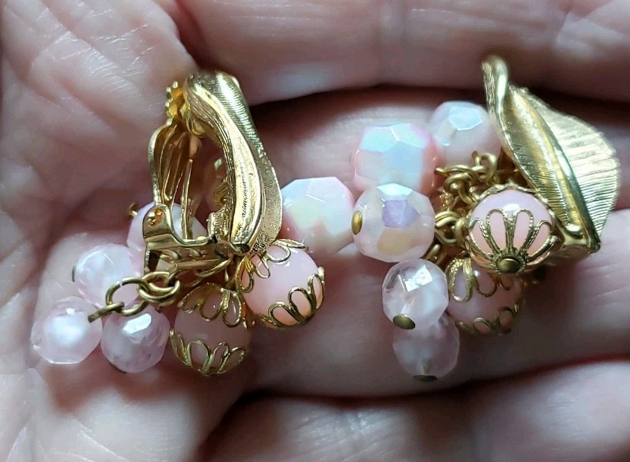 La Roco Pink Bead Rhinestone Necklace Earrings Jewelry Set Mid Century Modern