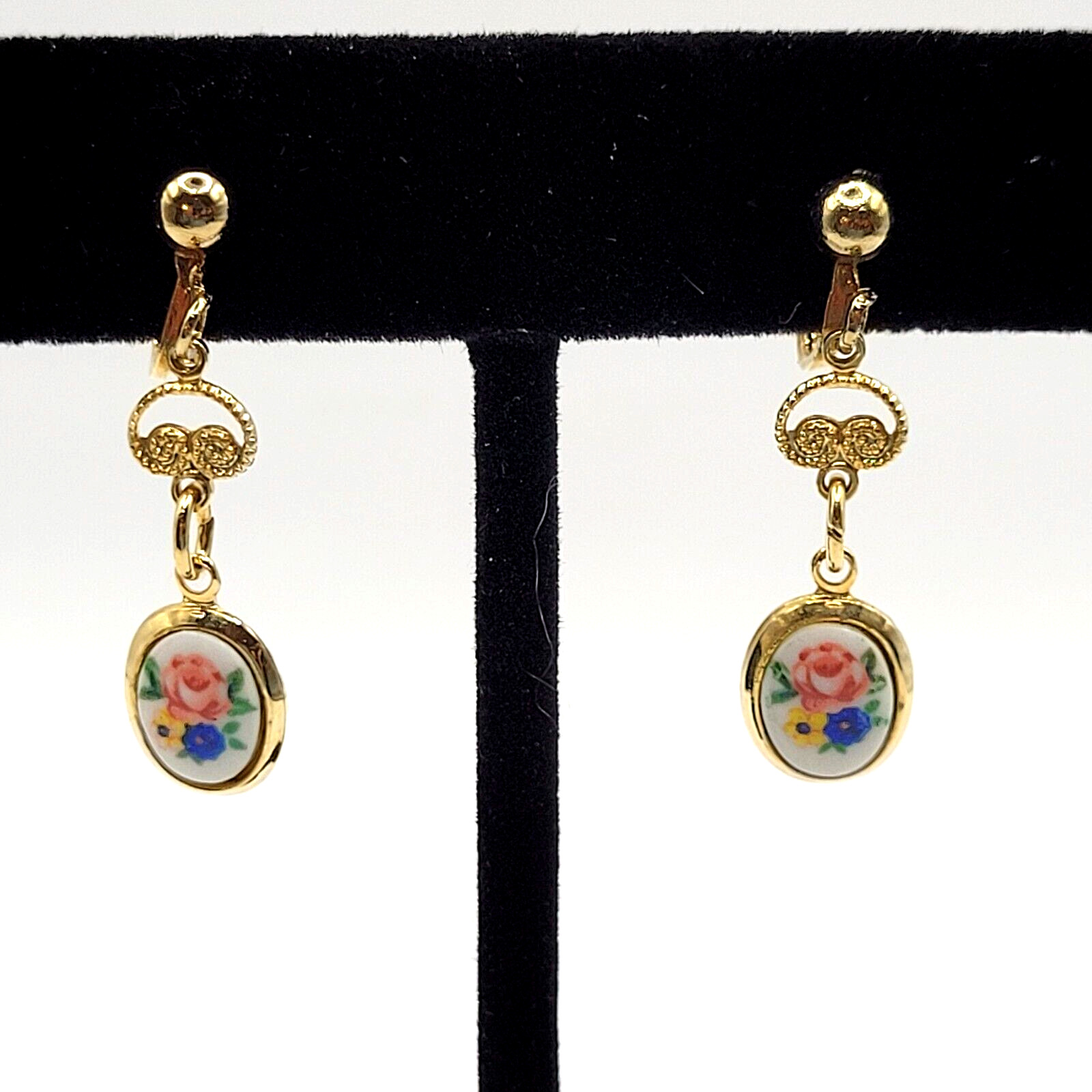Petite Hand Painted Flowers Porcelain Gold Tone Drop Dangle Vintage Earrings