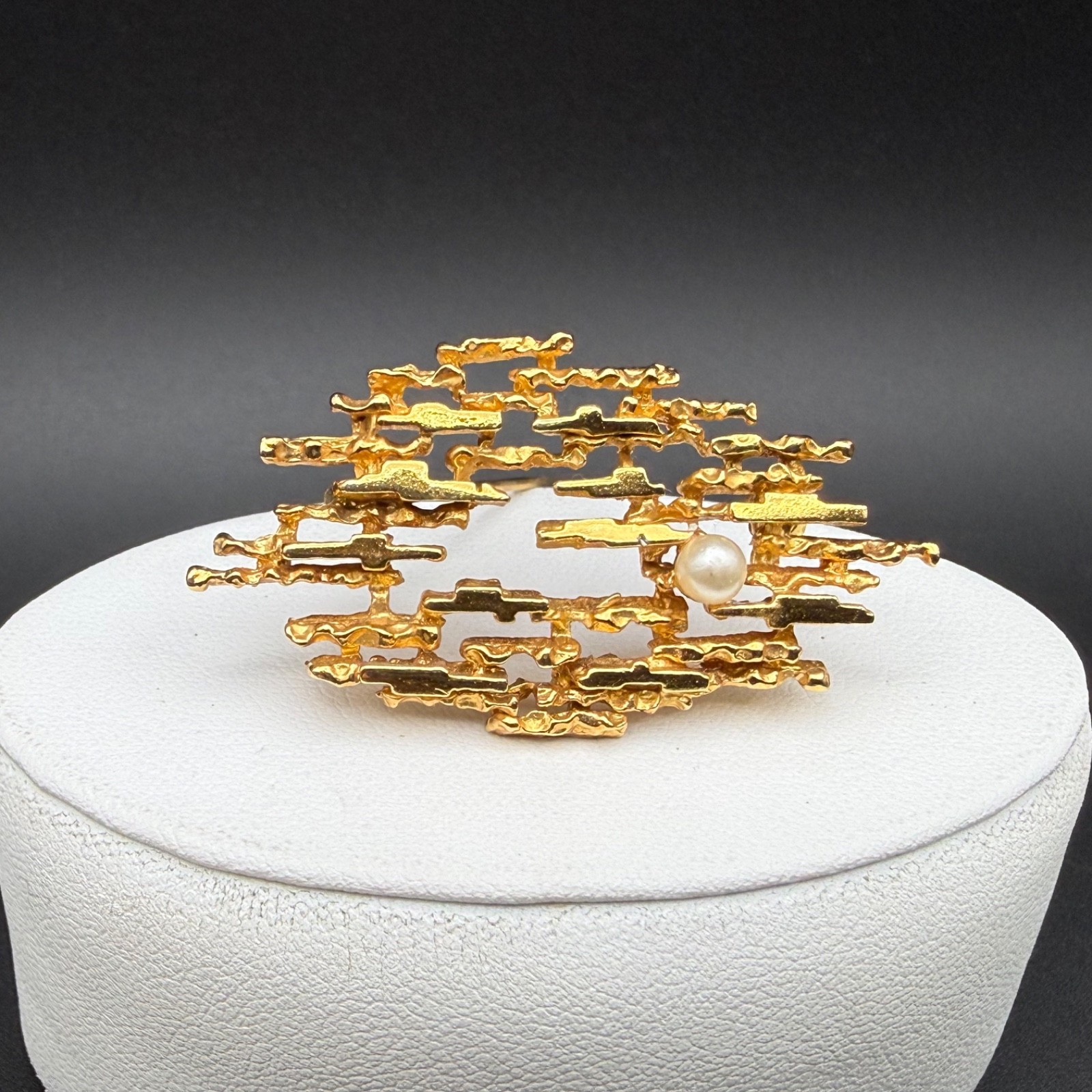 Vintage Gold Tone Metal Faux Pearl Accent Brooch Abstract Mid Century Brutalist