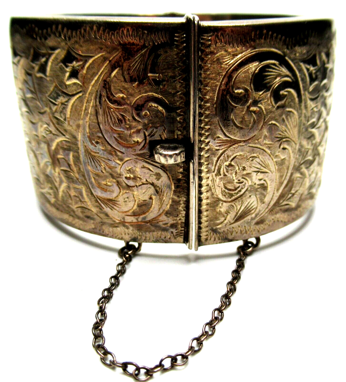 BIRMINGHAM England 1963 Silver Etched Leaf Design Hinged Vintage Bracelet