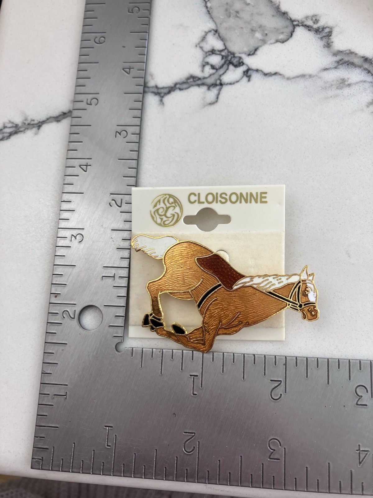 Vintage Cloisonné Gold Tone Brown Enamel Running Horse Brooch Pin
