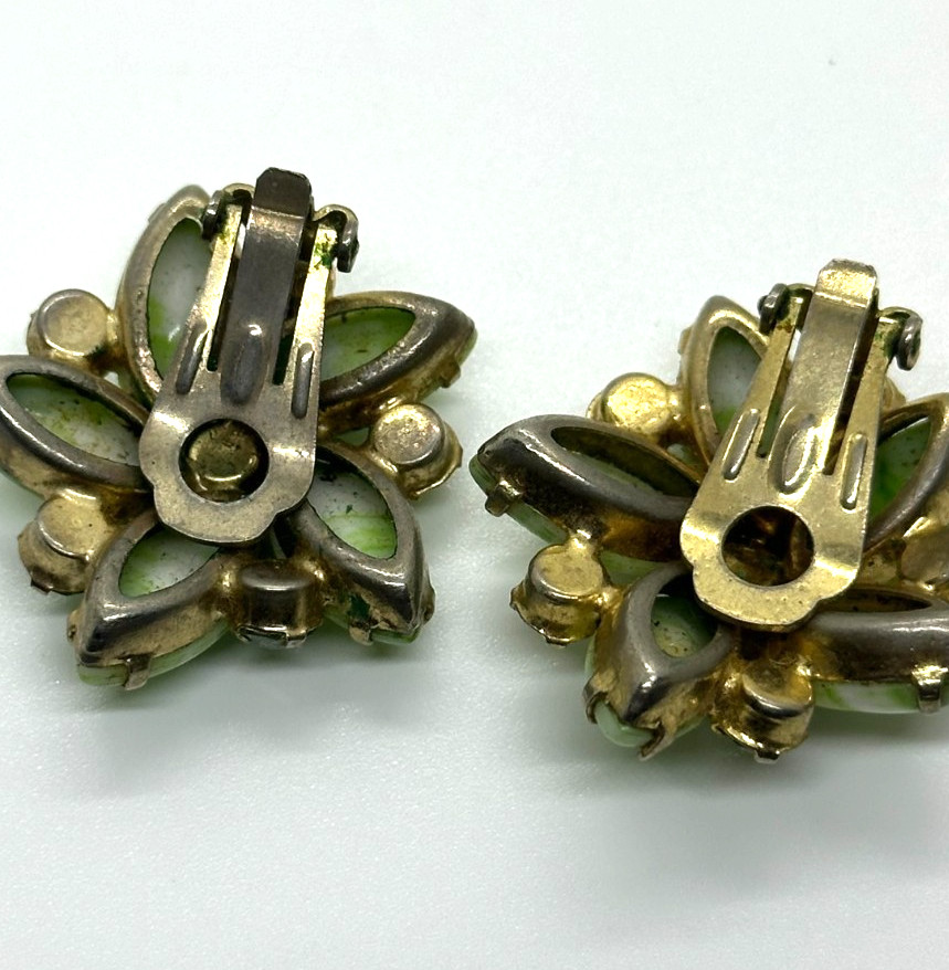 Vintage Green Striped Navette Glass Rhinestone Clip On Earrings Floral Cluster