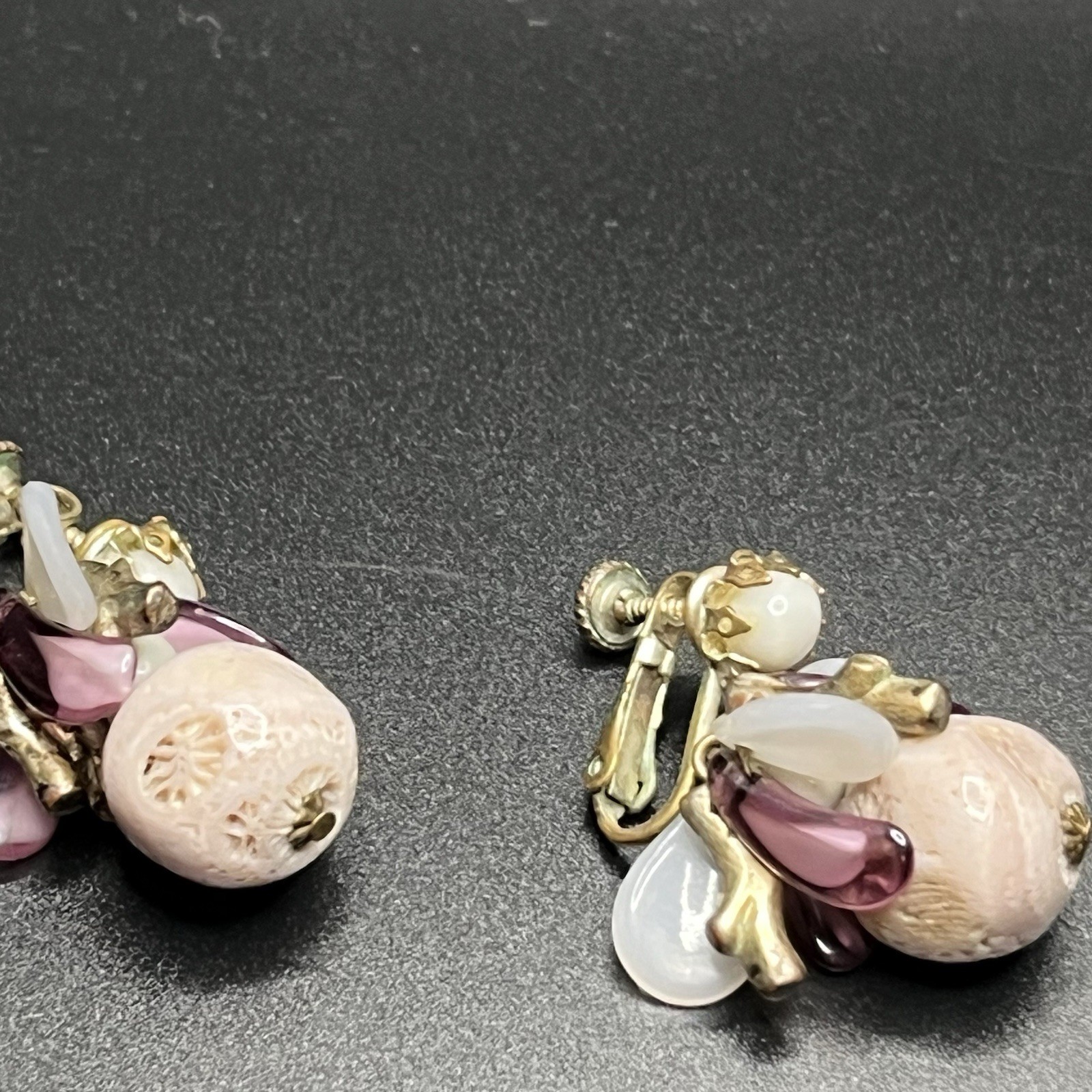 Vintage Miriam Haskell Earrings Gold Tone Dangle Drop Purple Pearl Brass Cluster