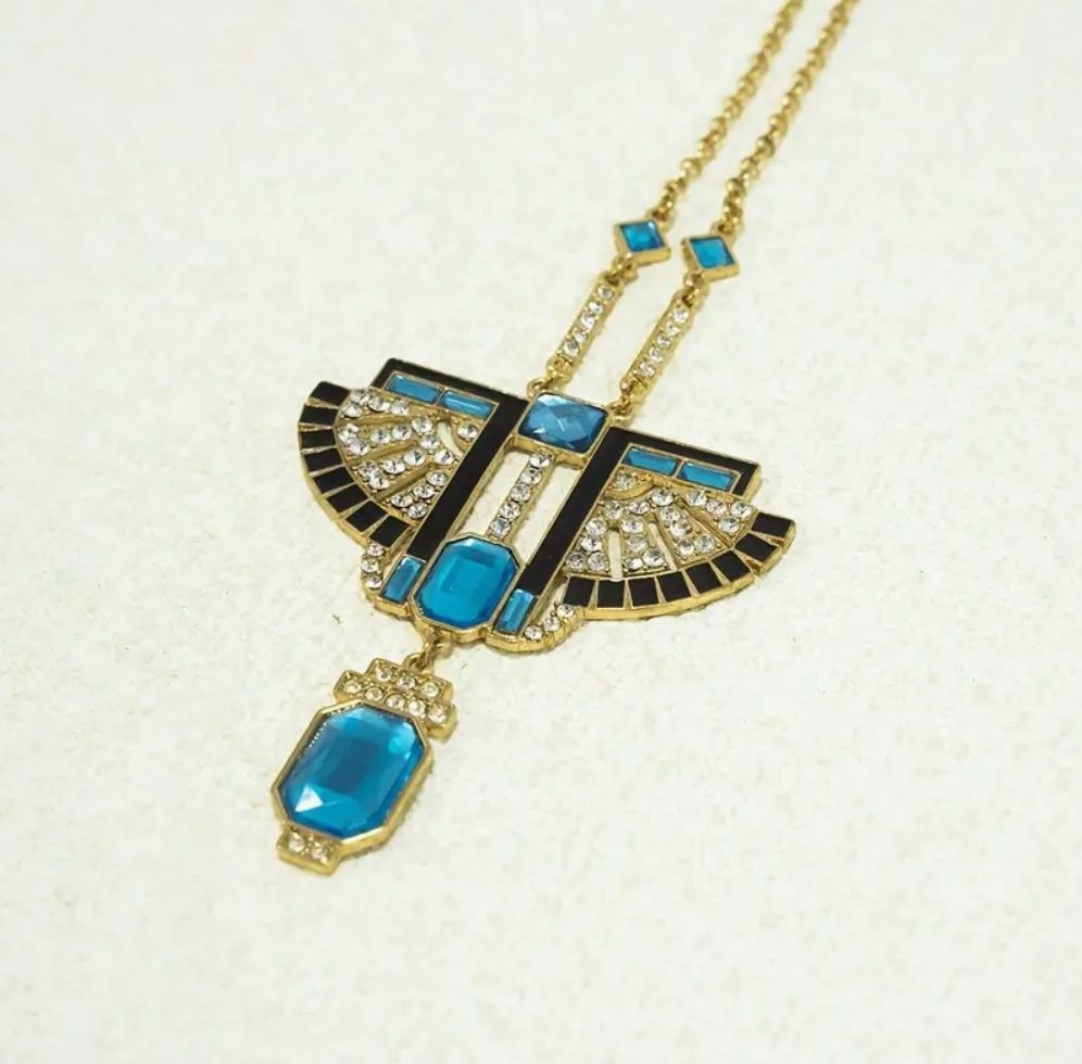 Art Deco Style Gold Tone Chain Blue Crystal Statement Necklace