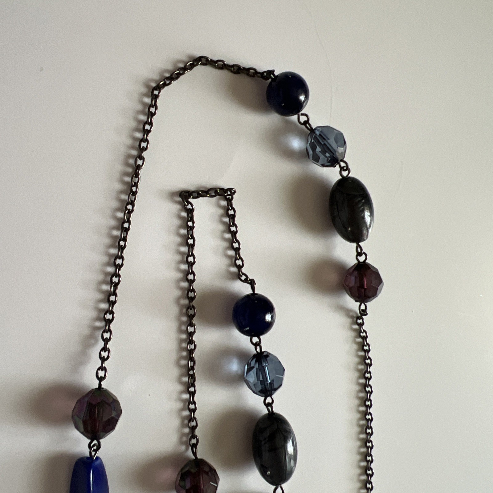 Vintage Long Necklace Blue Glass Beads Stones Different Shapes & Hues 46” Long