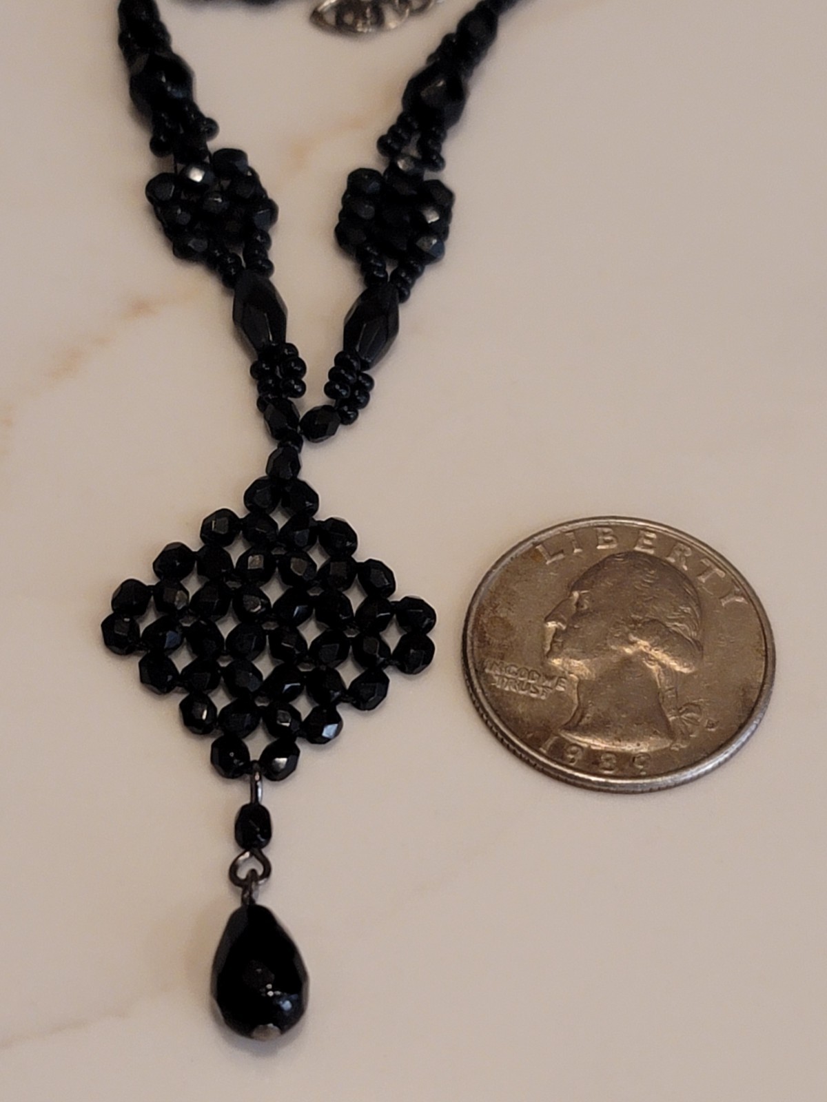 Vintage Black Faceted Bead Necklace Teardrop Pendant Gothic Formal 18″