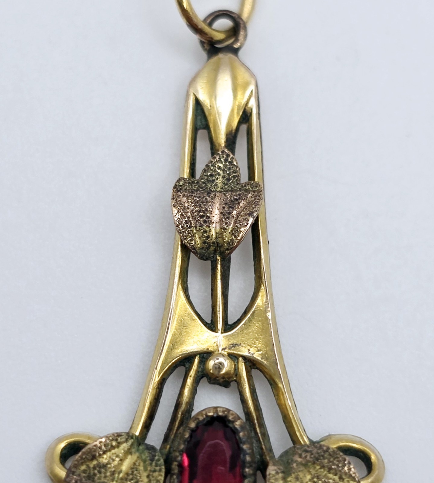 Antique Art Nouveau Lavalier Pendant Necklace Gold Filled Red Stone Pearl