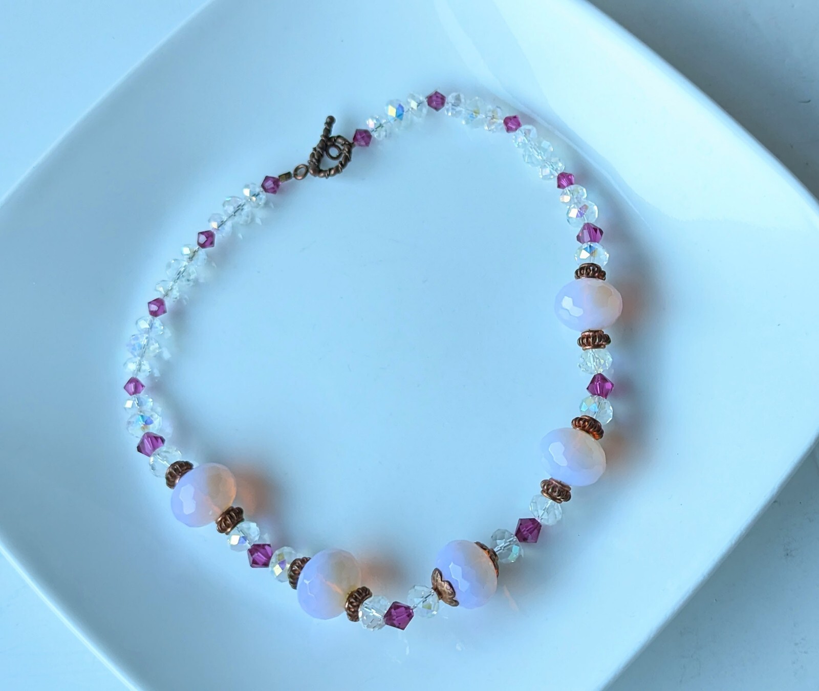 Stunning Artisan AURORA BOREALIS Glowing Milky PINK Bead 18″ NECKLACE