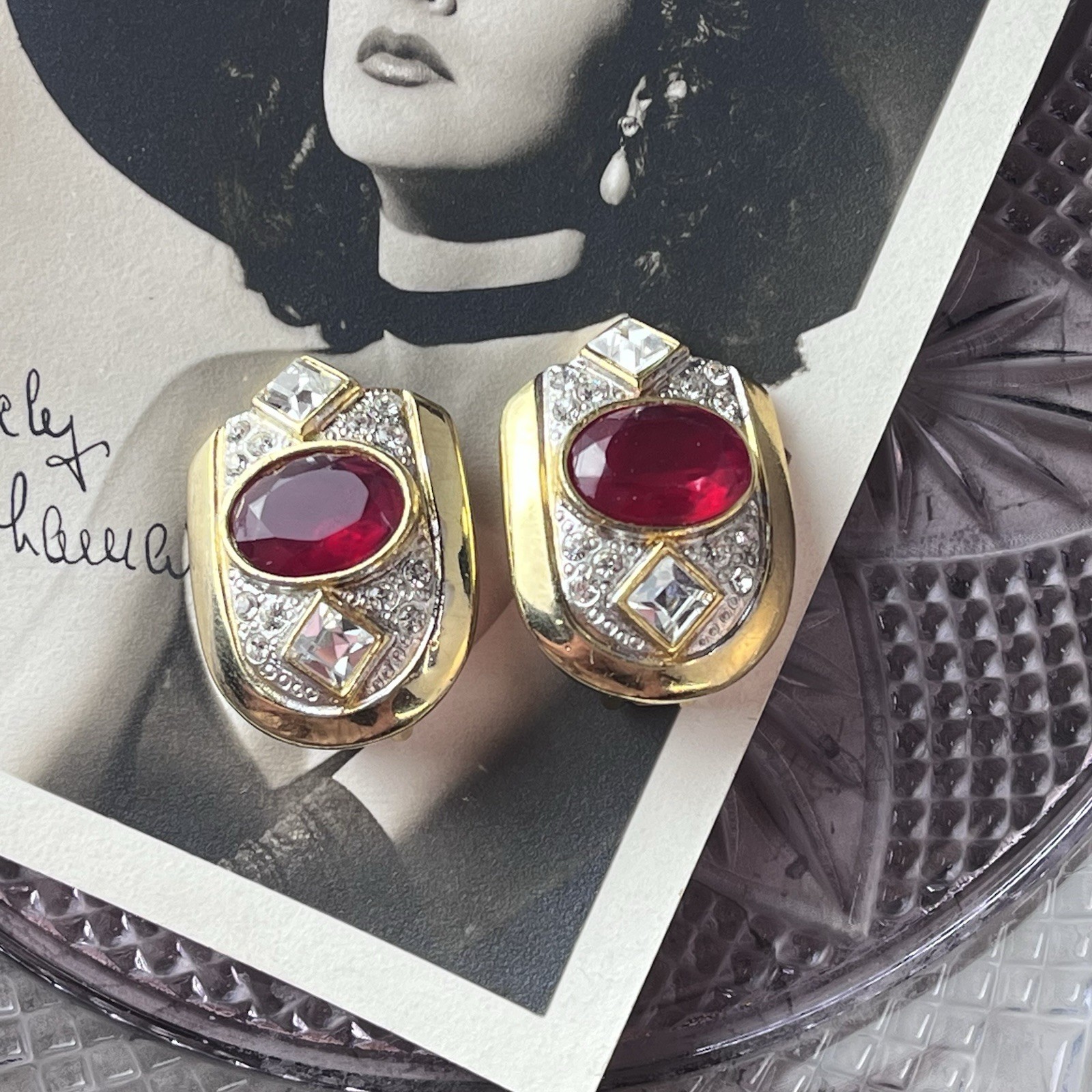 Vtg 1980s Ruby Red Glass Clip Earrings – Gold Tone -Clear Crystal Accent – 1.25”