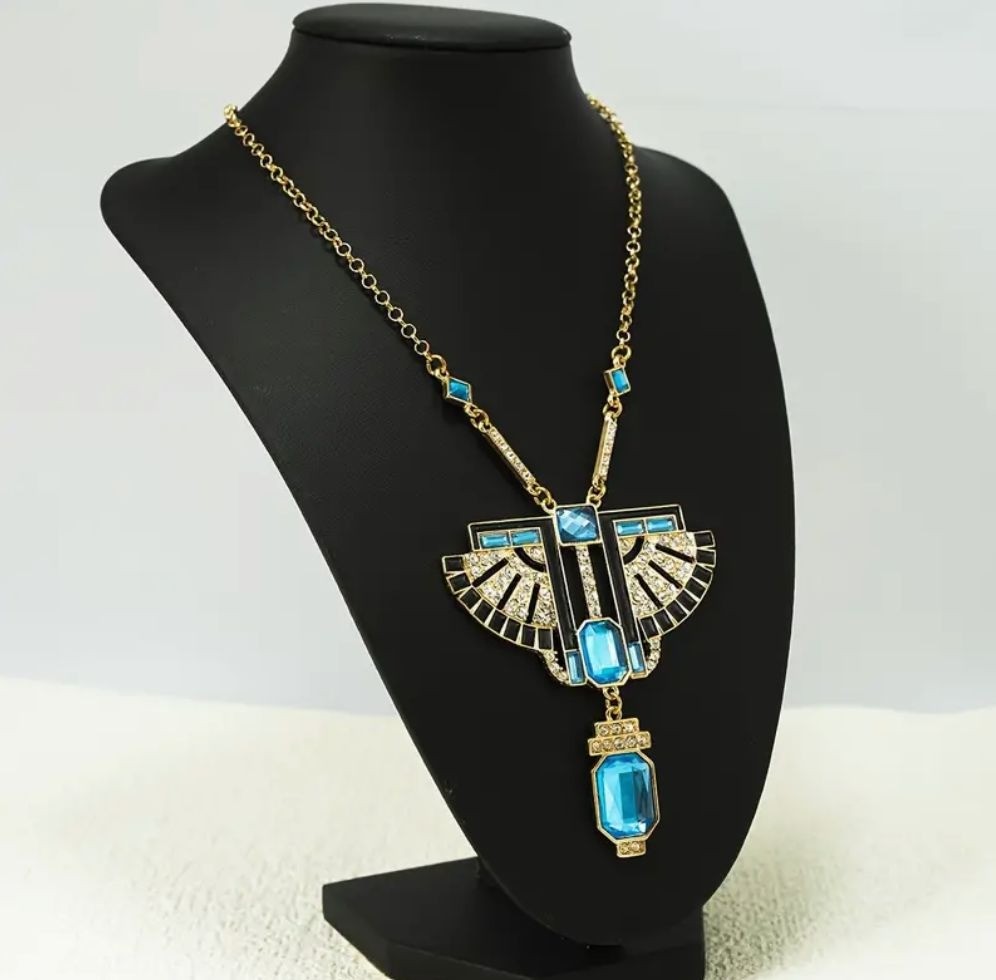 Art Deco Style Gold Tone Chain Blue Crystal Statement Necklace