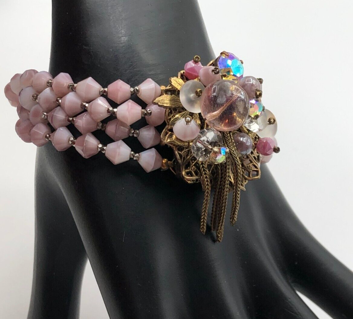 VTG 4 Strand Lavender Glass Bicone Bracelet Fancy Clasp Art Glass Rhinestones
