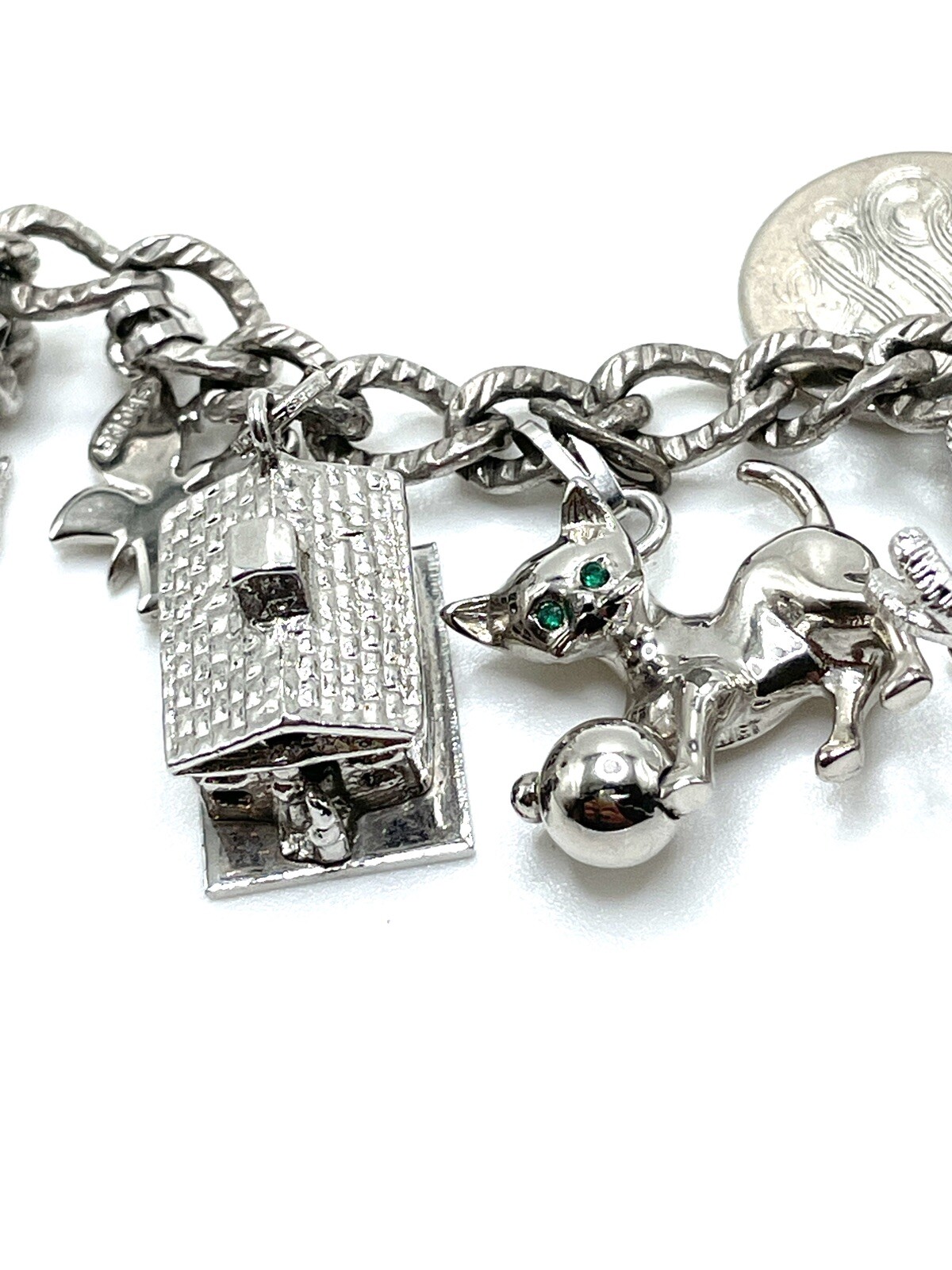 Monet Sterling Silver Articulated Figural Crystal Charm Bracelet 61.5g Vintage
