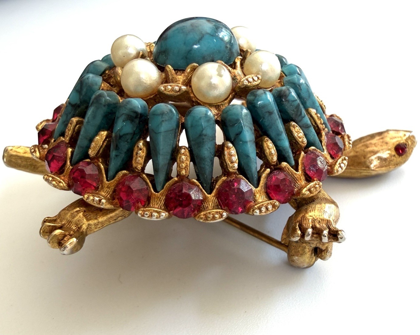 HAR Turtle Brooch Pin Rare Mid Century Turquoise Tiered Rhinestone Statement!!