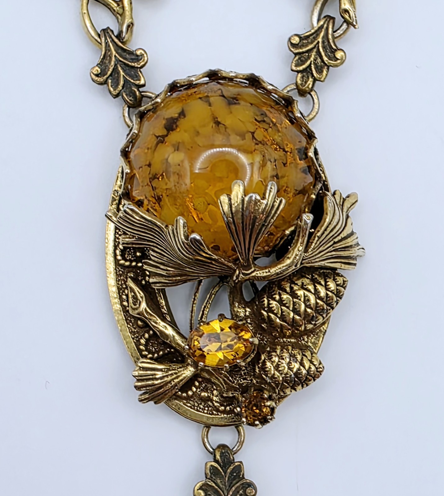 Vintage Germany Amber Glass Cabochon Tassel Pendant Necklace Rhinestone Leaf