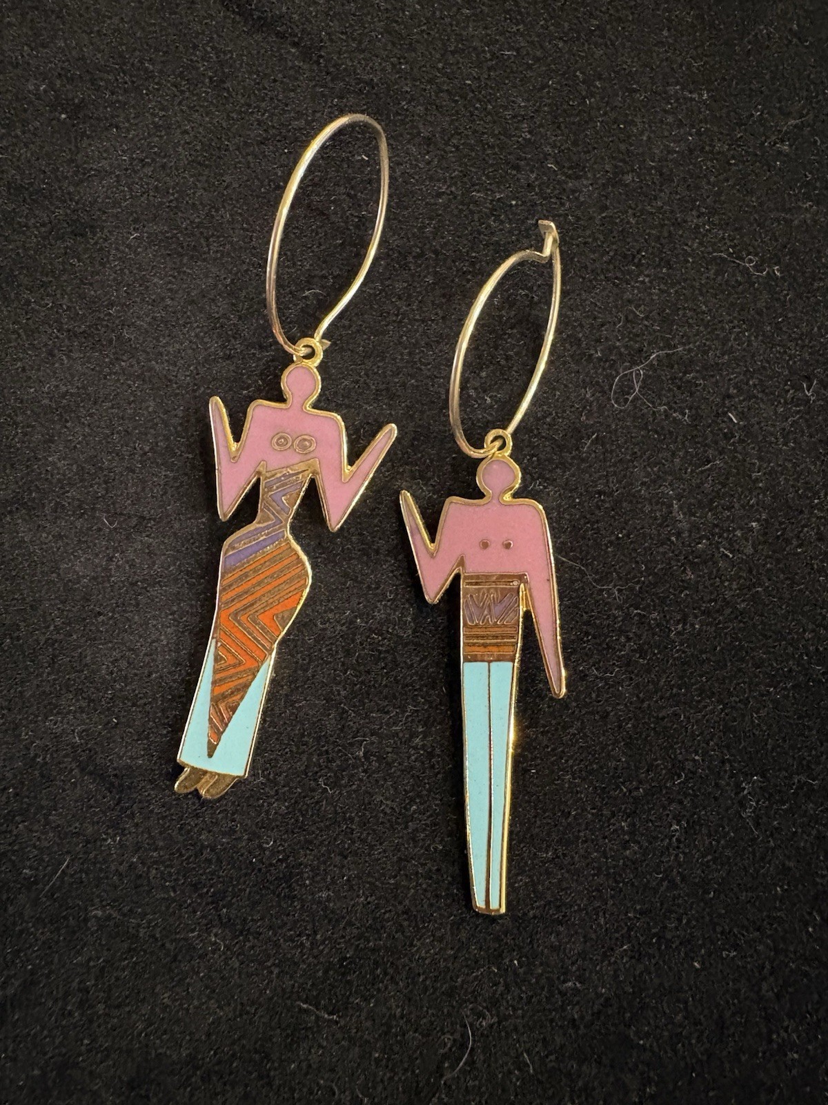 Vintage Laurel Burch Tribal Man & Woman Enamel Dangle Pair earrings