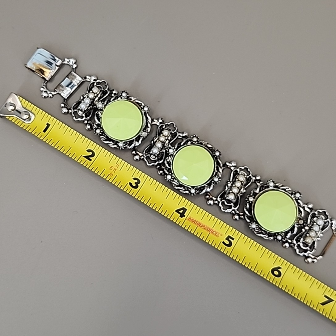 Vintage Bracelet Lime Green Round Bead Faux Pearl Silver Tone Book Chain 6″