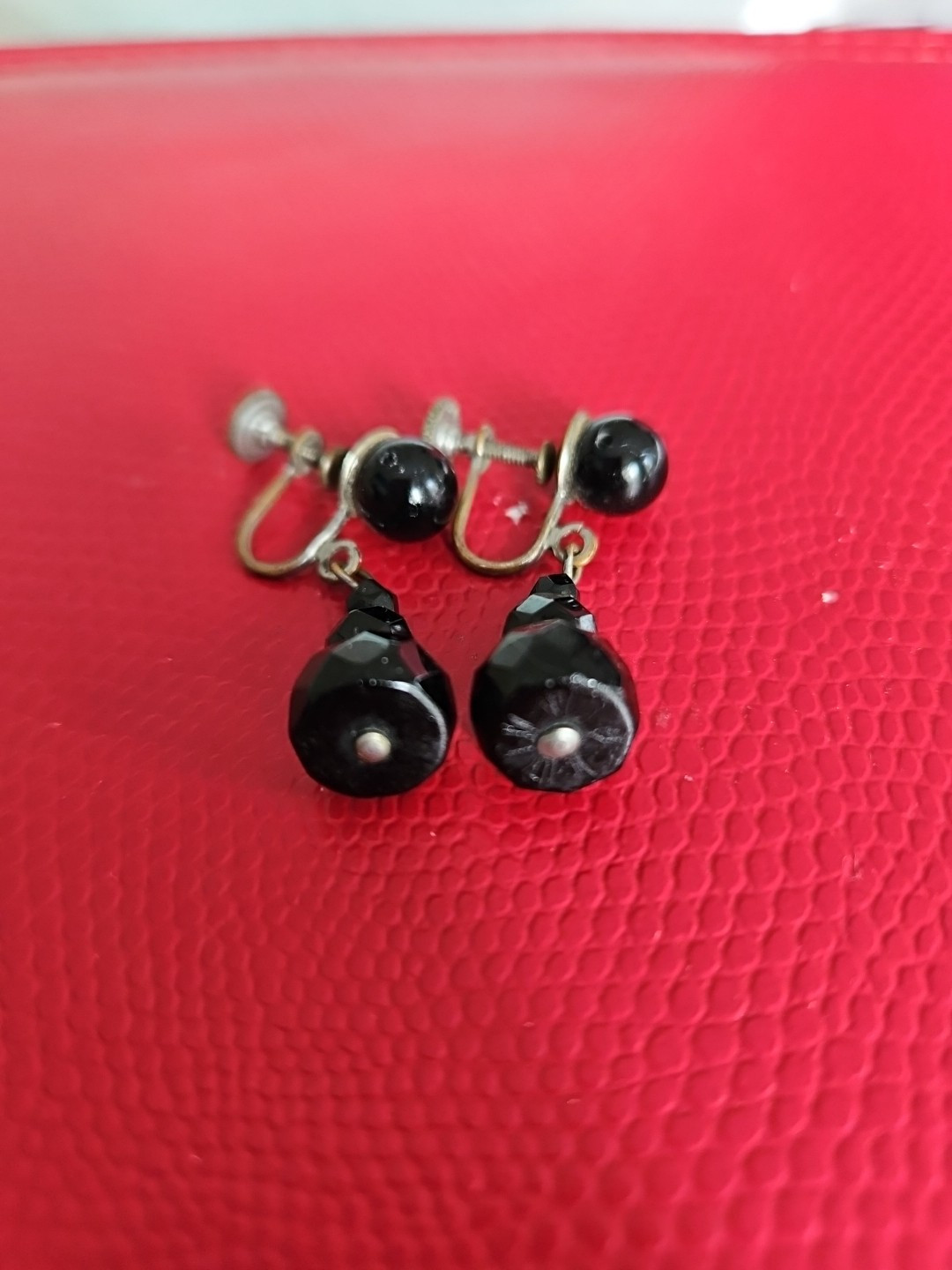 Victorian Antique Jet Polished Faceted Balls Dangling Screw Earrings