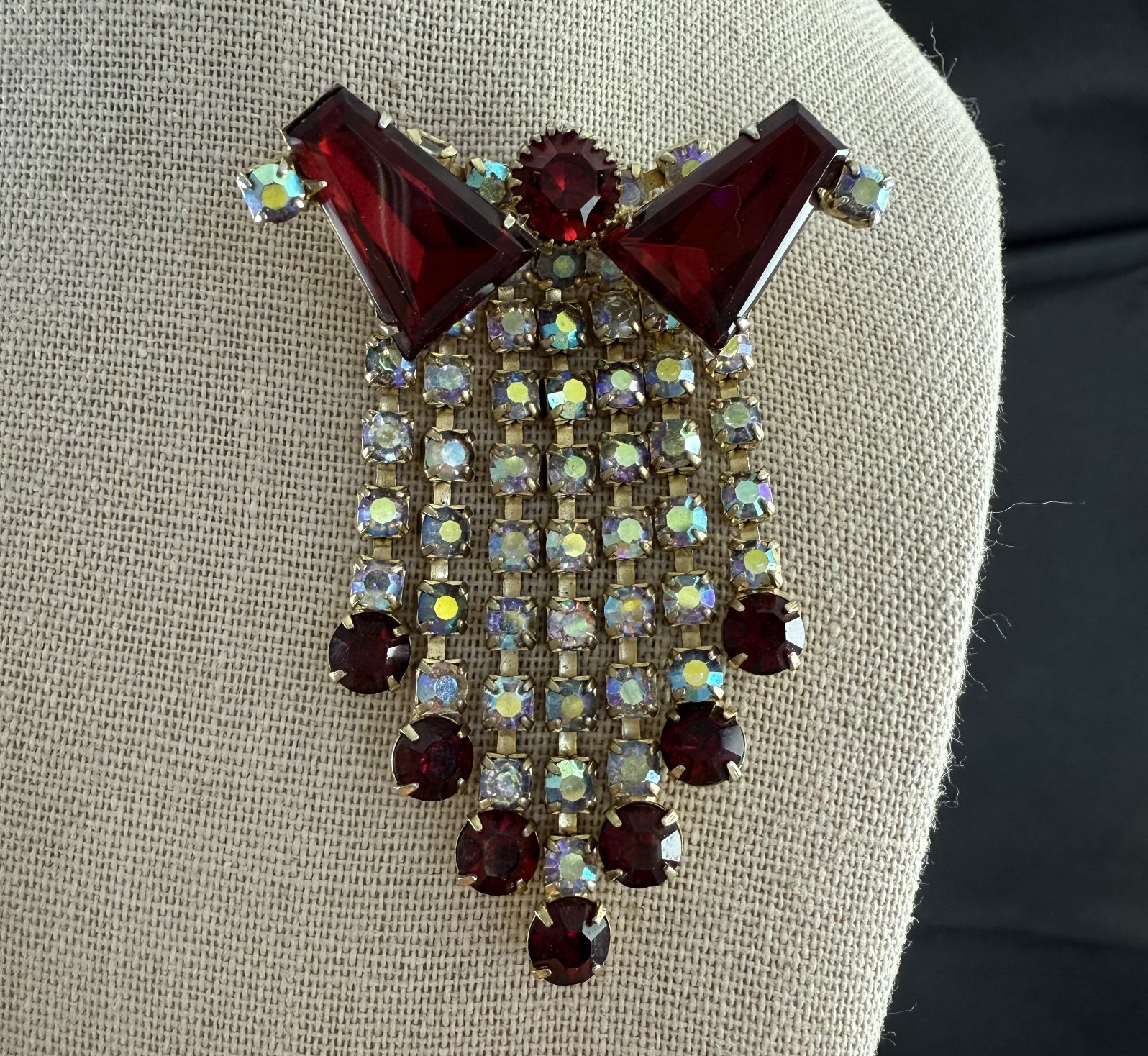 Vintage Brooch Ruby Red with AB Rhinestones Dangles