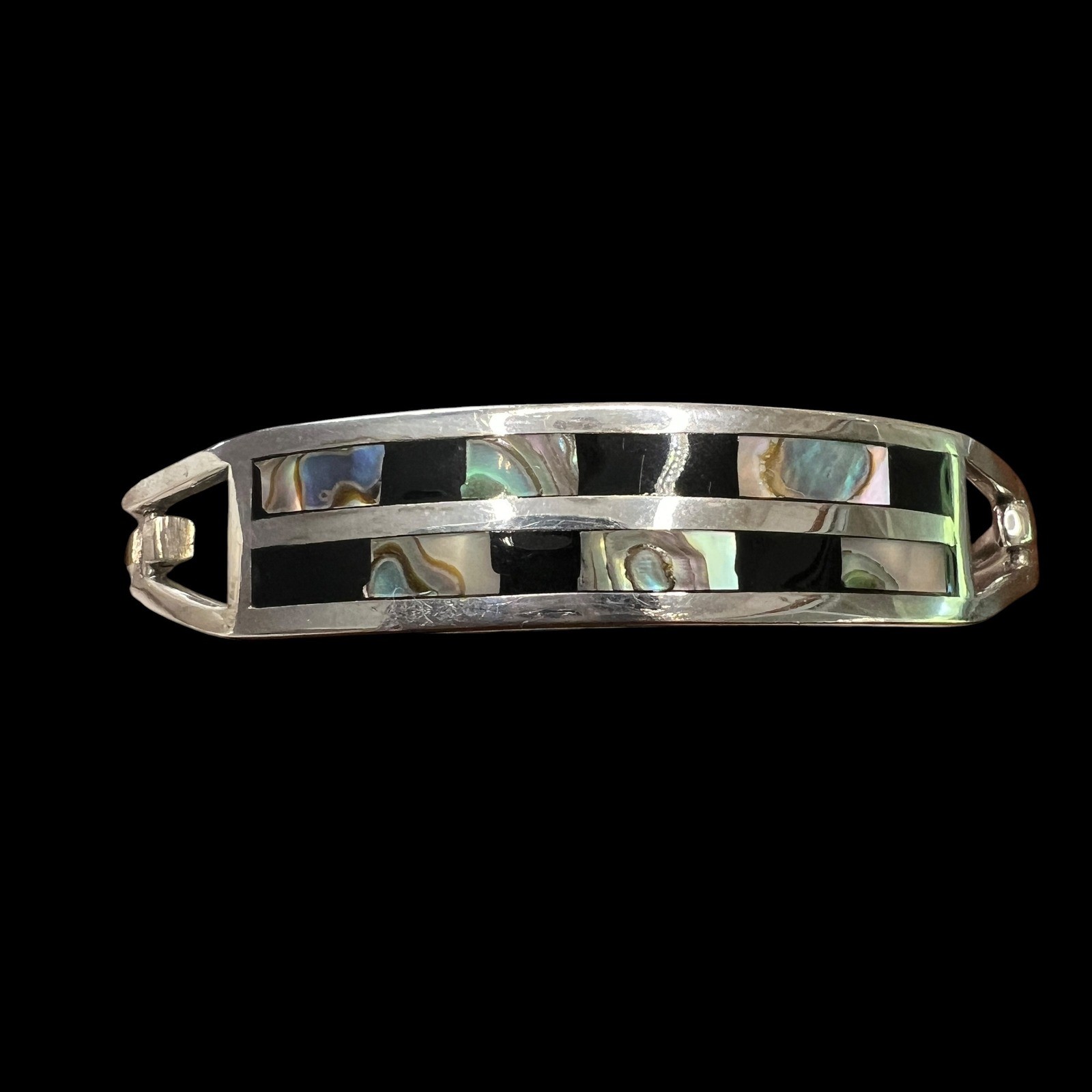 Vintage Alpaca Mexico Abalone Onyx Inlay Bangle Bracelet Silver Tone 7.25 in