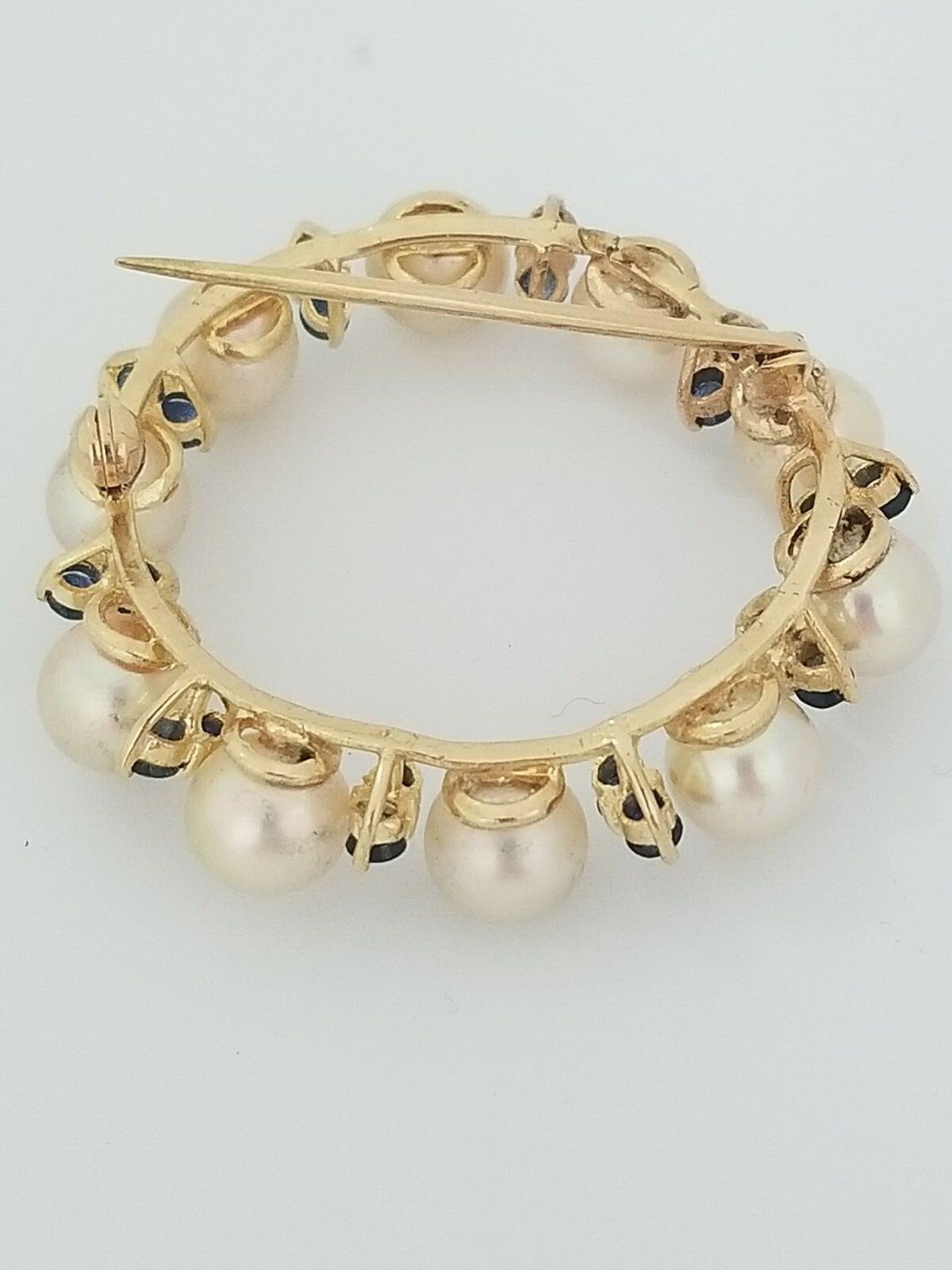Vintage Antique 14k Yellow Gold Pearl And Blue Sapphire Brooch Pin 39 mm Round