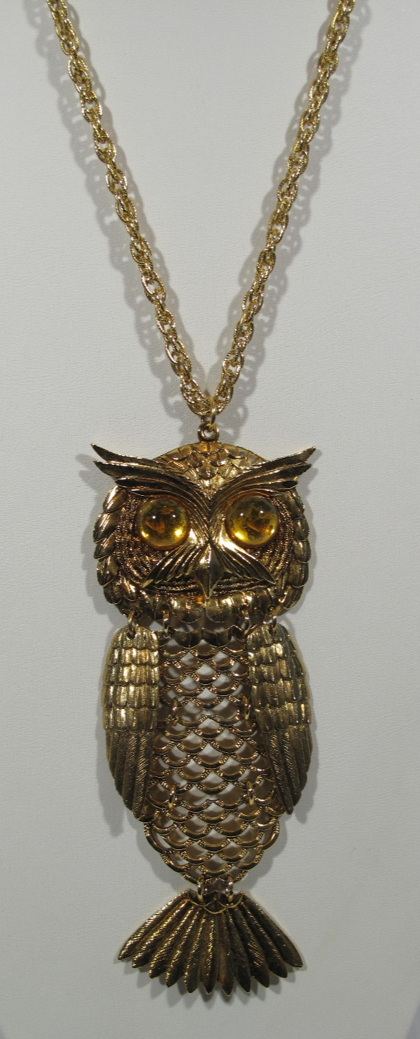Lot of 2 VTG Owl Necklace Gold~Silver Tone~Pink~Amber Eyes~24″-30″ Chain-64-108g