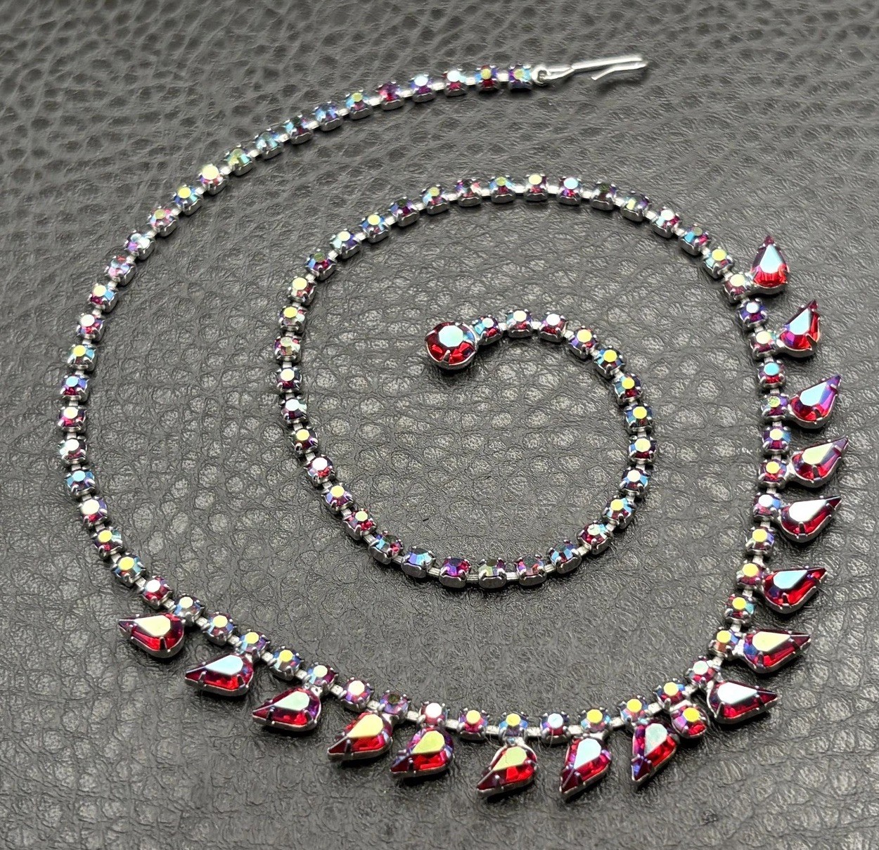 Vintage B. David Aurora Borealis Red AB Crystal Rhinestone Necklace 18”