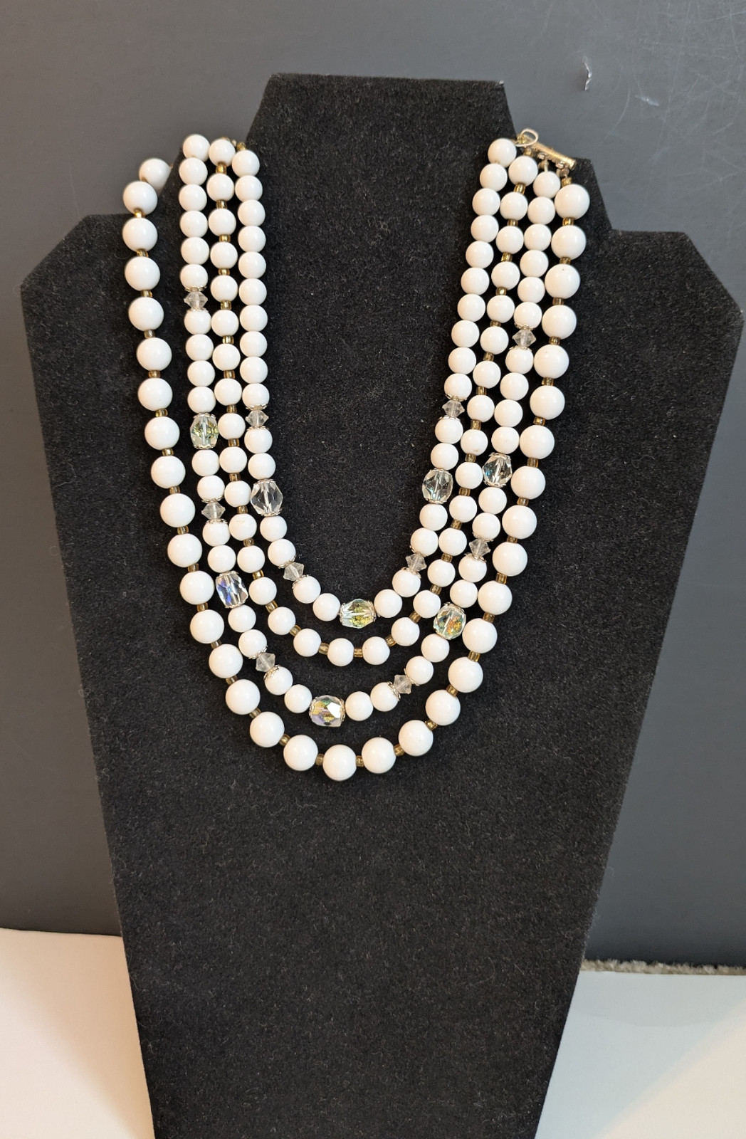 1950s Four Strand White Beads & Austrian Crystal Aurora Borealis Necklace Japan