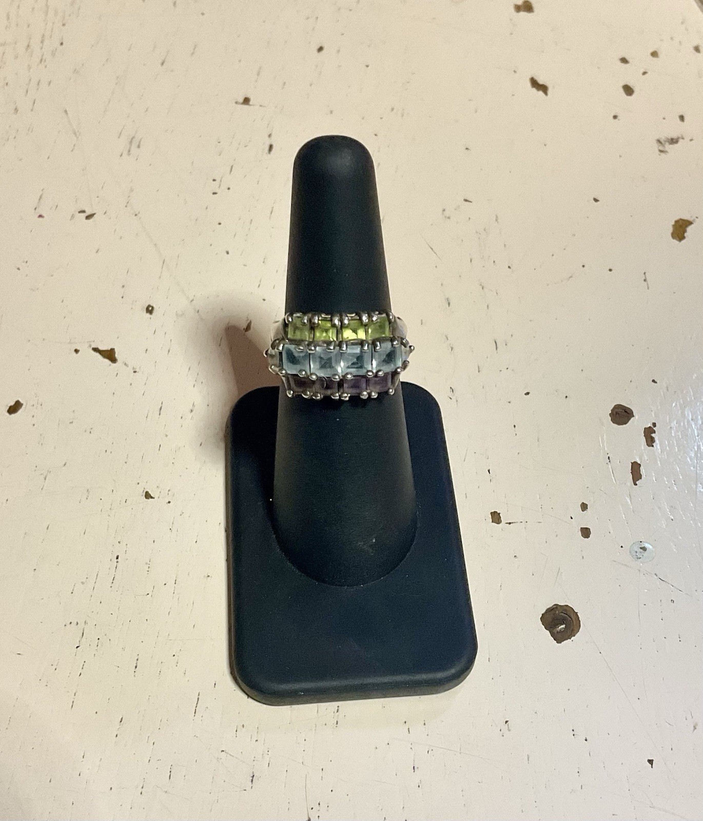 Vintage Multicolor 14 Stones Sterling Silver Ring Size 6.5 Green Purple Blue 925