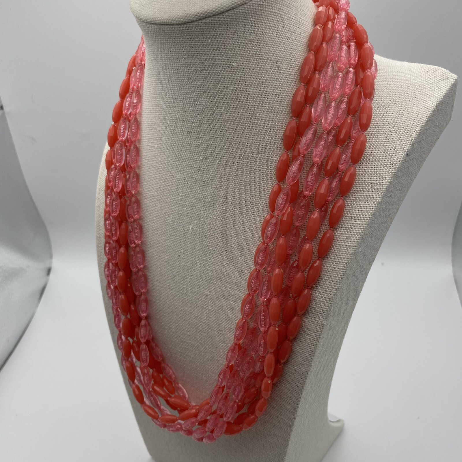Retro Pink & Coral Multi-Strand Beaded Statement Necklace Jewelry Vintage