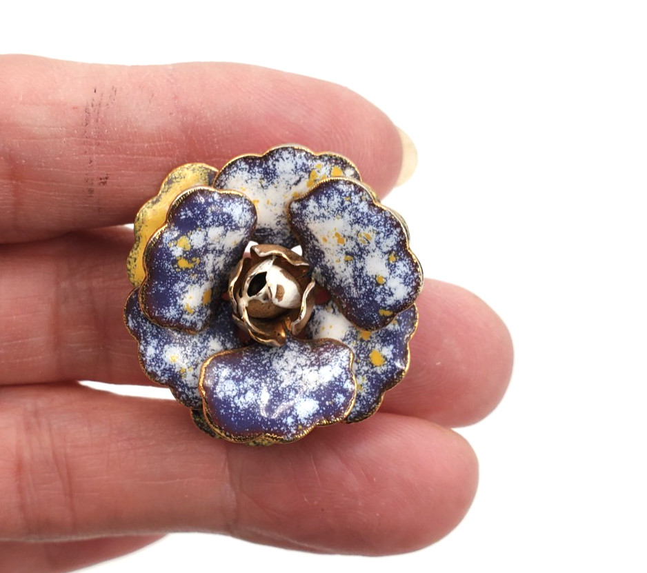 Vintage Blue & White Enamel Brooch & Clip Earring Set