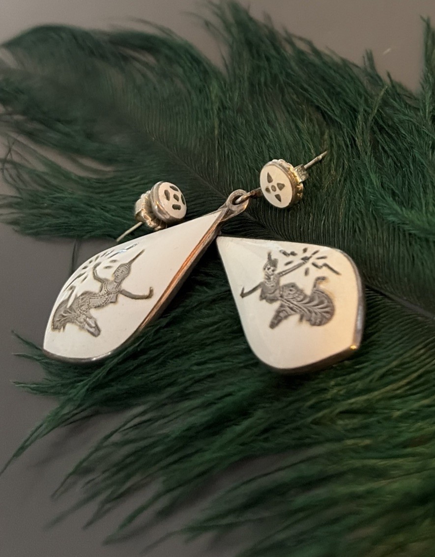 Mid Century Thai Siam Inlaid Sterling Silver White Enamel Earrings Post 4.5”