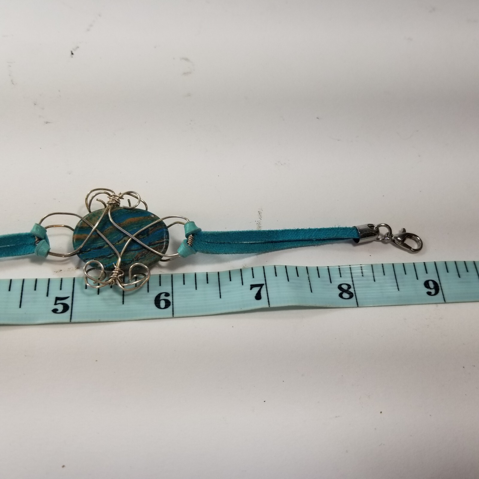 Unique Faux Turquoise Cabochon Silver Tone Bracelet Caged