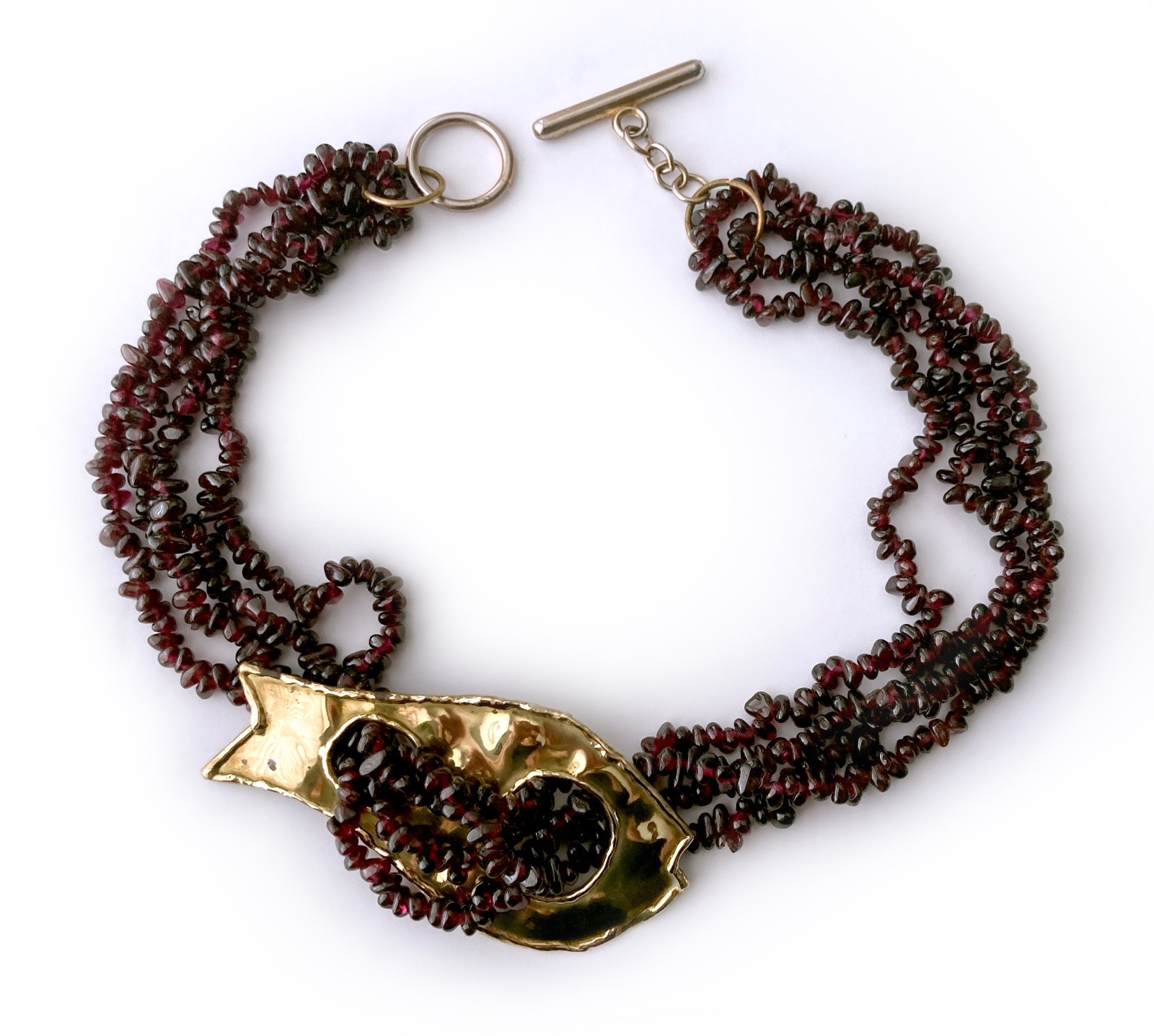 One-of-a-kind Natural Garnet Bead Necklace with Hammered Brass Fish Accent