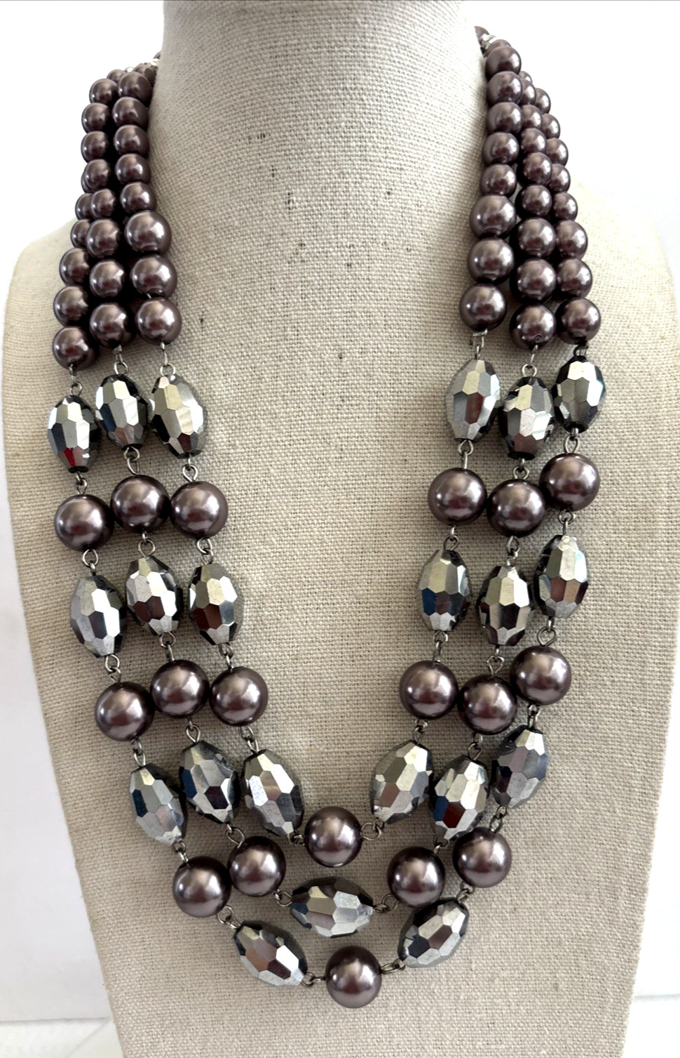 Crown Trifari gray pearl and Mercury Coated bead three strand necklace