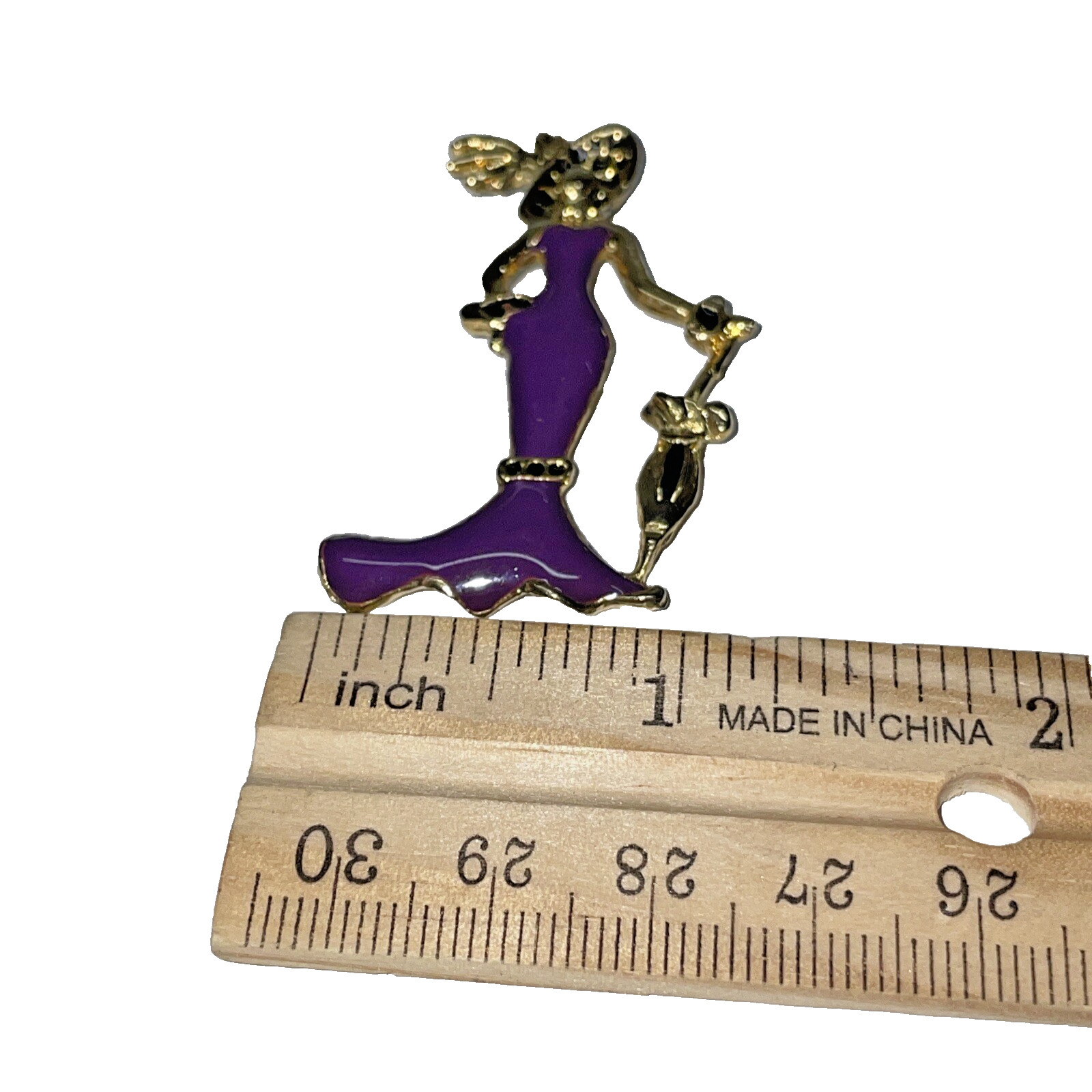 Vintage Woman Pin Brooch With Umbrella Gold Tone Purple Enamel Safety Pin Clasp