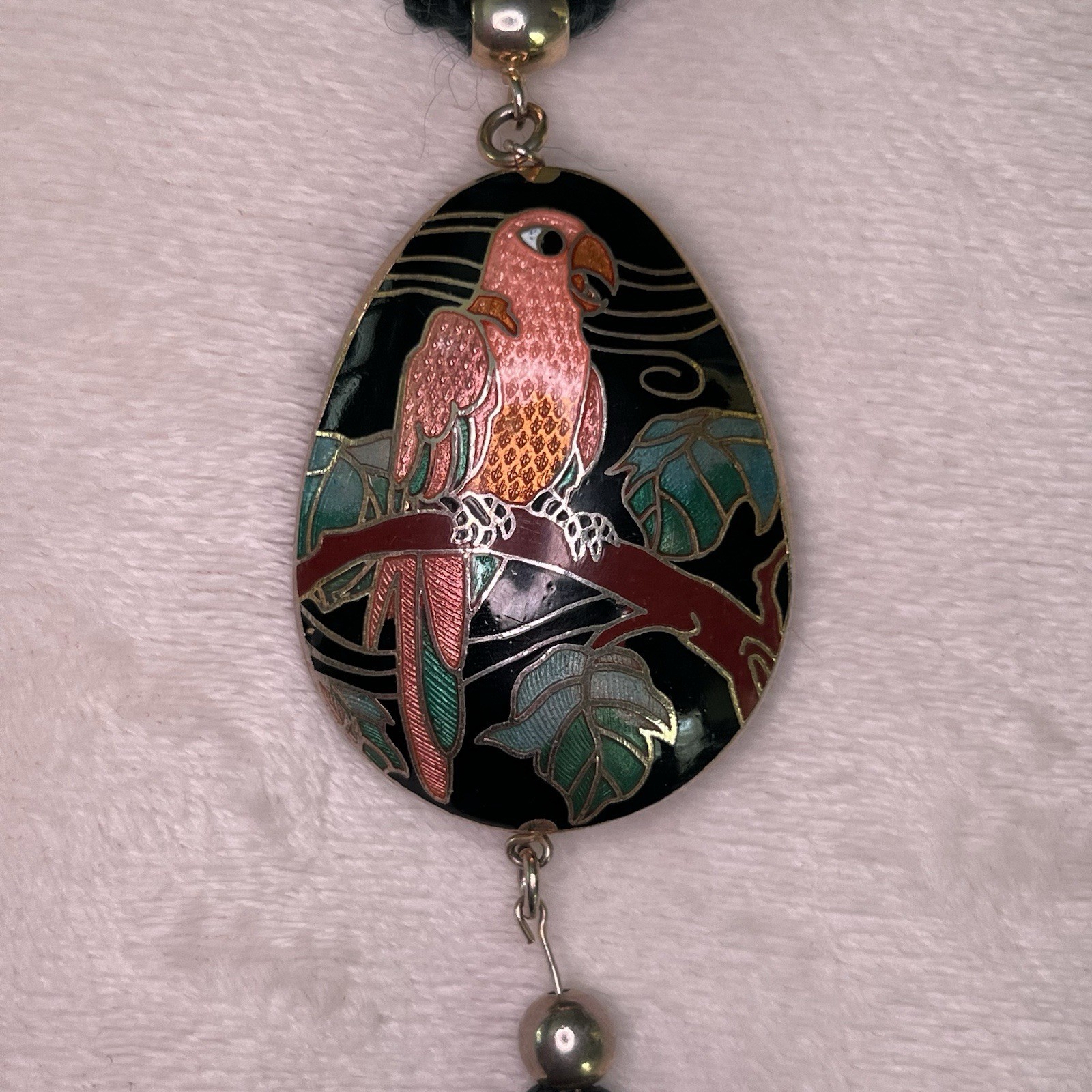 Vintage Cloisonné Parrot Pendant Necklace with Black Tassel