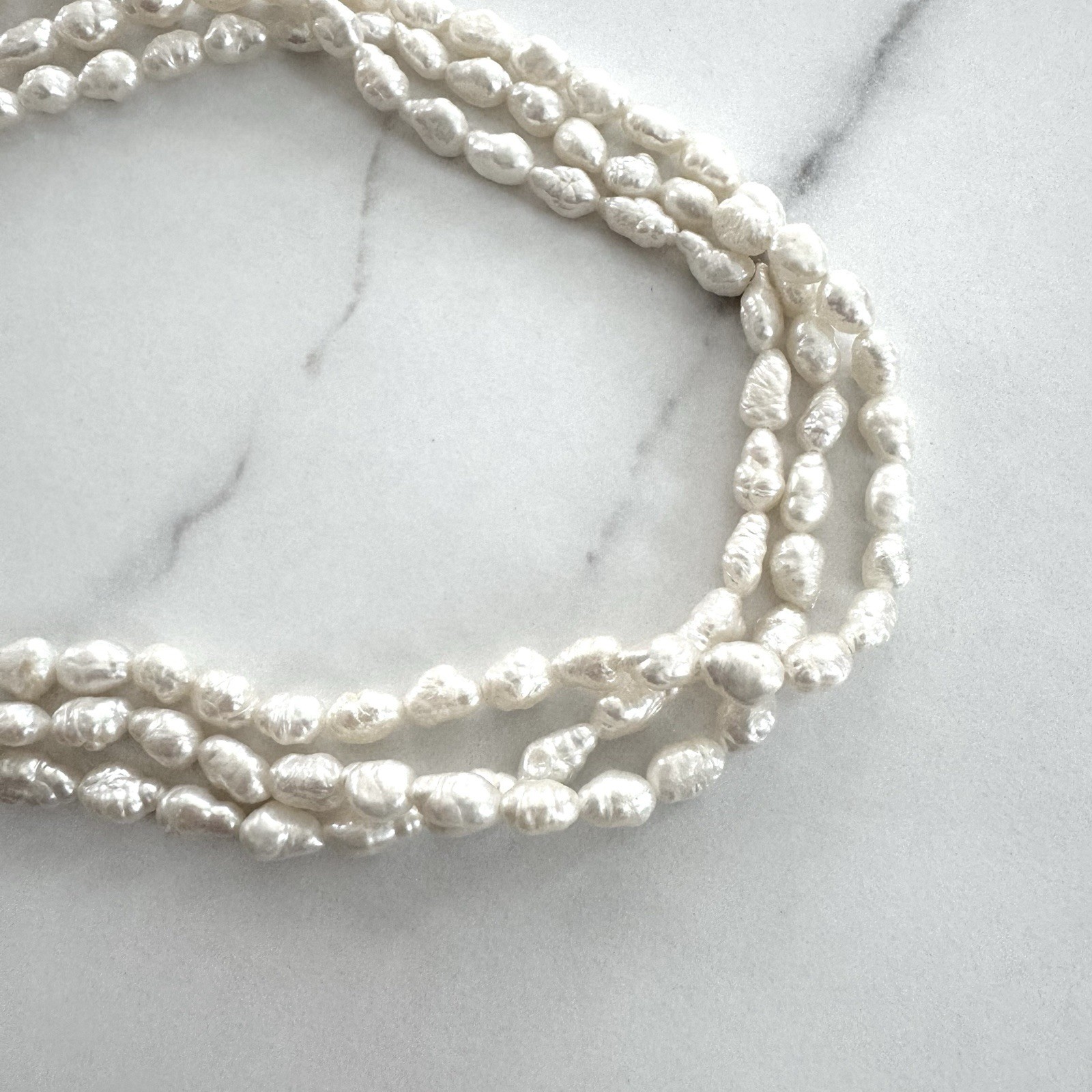 VTG 24.5” 3 Strand Freshwater Pearl Necklace Baroque Rice Pearls Ornate Clasp